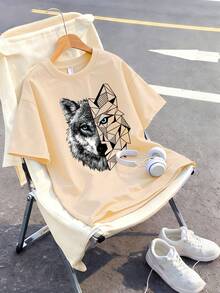 1 Conjunto de ropa para niña preadolescente, que incluye una camiseta de cuello redondo color albaricoque y pantalones acampanados a juego, con estampado gráfico creativo de cabeza de lobo - Albaricoque - View 5