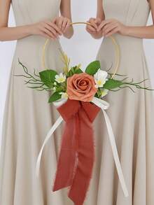 1件人造玫瑰、小麦、绿叶新娘捧花，户外婚礼新娘摄影道具，情人节婚礼派对新娘抛花，仿真玫瑰花环花卉装饰，悬挂式墙饰，婚礼派对桌面家居装饰 - 彩色 - 查看 8