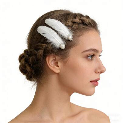 2pcs Feather Hair Clips, Elegant With Heart Decor, Suitable For Daily Wear And Holiday Outfits