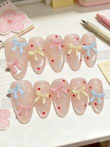 10pcs Handmade Wearable Nails, Japanese Style Bowknot Detachable Manicure, Cute Artificial Nails, Gentle & Brightening Daily Versatile Handmade Nail Stickers - Multicolor - View 4