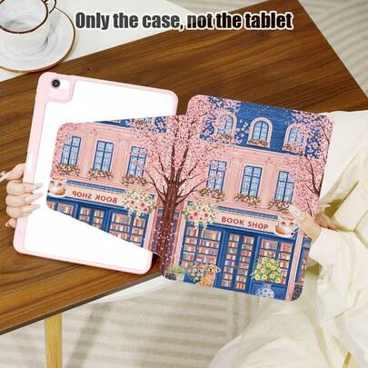 Pink Bookstore Shelves With Books & Cherry Blossom Pattern PU Leather Kickstand Phone Case, With Pen Slot, 720 Degree Rotation Stand, Auto Sleep/Wake Function, Compatible With Honor, Tablets, Apple Devices