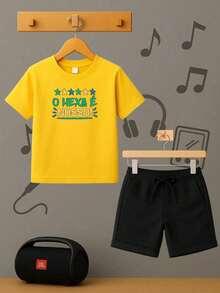 Conjunto Infantil Menino HEXA NOSSO Camiseta e Bermuda Roupa Criança Masculino Verão - Amarelo - Visão 1