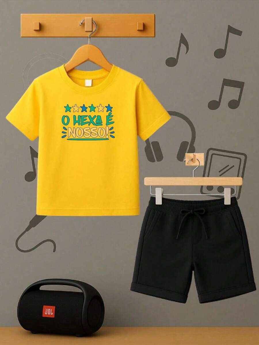 Conjunto Infantil Menino HEXA NOSSO Camiseta e Bermuda Roupa Criança Masculino Verão - Amarelo - Visão 1