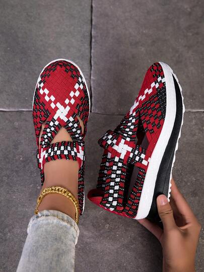 Women's Casual Shoes, Sandals, Rhombus Colorblock Plaid Boho Casual Elegant Woven Criss-Cross Retro Embroidered Sneakers, Suitable For Casual, Work, Indoor And Outdoor Wear, All Seasons