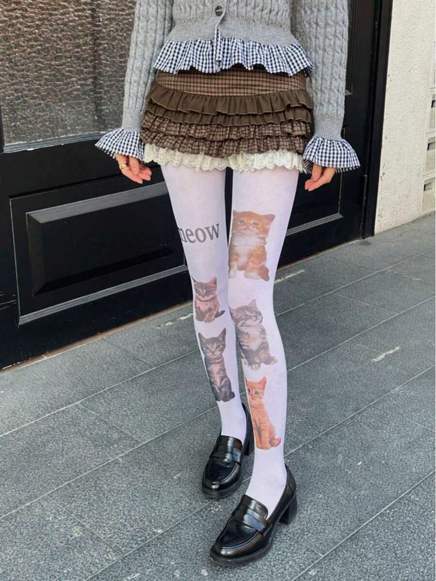 1 Pair Women's Velvet Cat Print Pantyhose, Cute, Elegant, Comfortable And Durable, Suitable For Various Festivals, Dates, Daily Outings, Work Commute And Outdoor Activities - Multicolor - View 1