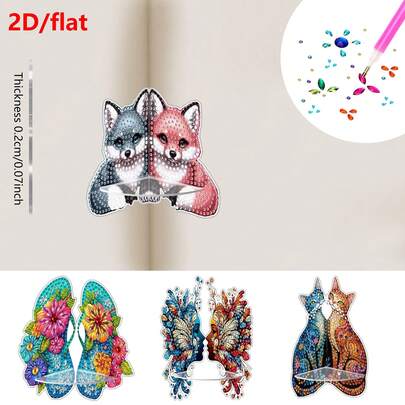 2D/平面单件钻石画套装，墙角装饰，狐狸、拖鞋、卡通人物、猫咪图案，丙烯材质，家居装饰，钻石画艺术套装，派对、节日、家庭聚会，独特而有意义的手工制品，节日礼物