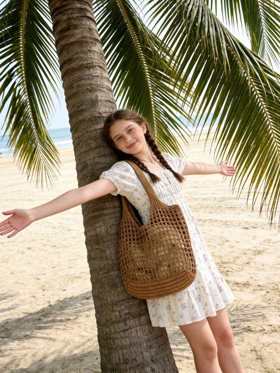 1pc Lightweight Foldable Hollow Handmade Woven Travel Bag, Girl's Casual Crochet Handbag, Fashion Beach Bag, Multifunctional Knitted Shoulder Bag, Large Capacity Girl's Lunch Bag, Matching Girl's Vacation Outfits, Summer Essential, Perfect For Vacation And Holiday Backpack, Christmas Gift, Travel Essential, Valentine's Day Gift, Mother's Day Gift, Beach Bag, Crochet, Valentine's Day Gift, Woven Bag