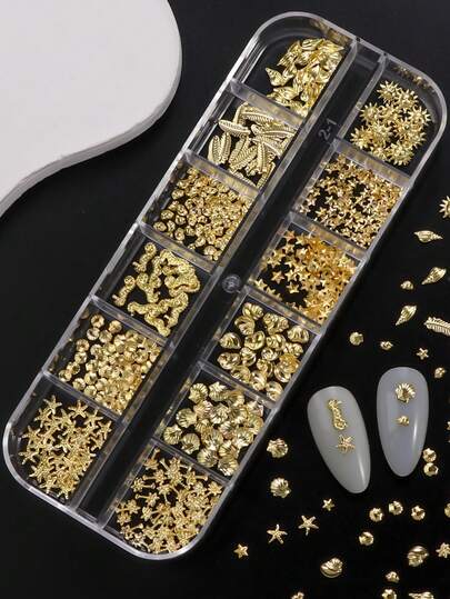 12 Grids Golden Summer Nail Charms - 3D Starfish & Golden Rhinestones Ocean Theme Designs - Hypoallergenic Nail Art Supplies For Women, Manicure Accessories, Nail Charms And Accessories, Beauty Enthusiasts