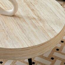 Round Coffee Table With A 70 Cm Diameter In Light Travertine Wood Look (MDF) And Black Metal Legs. Minimalist Design, Ideal For Living Rooms And Small Spaces. - Khaki - View 8