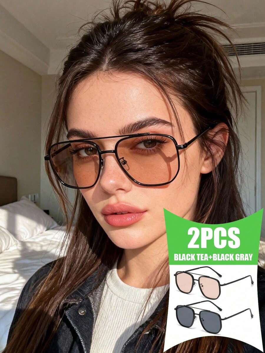 2副新款复古方形双梁时尚眼镜,欧美优雅街头风女士眼镜 - 黑框茶粉片+黑框灰片 - 查看 1