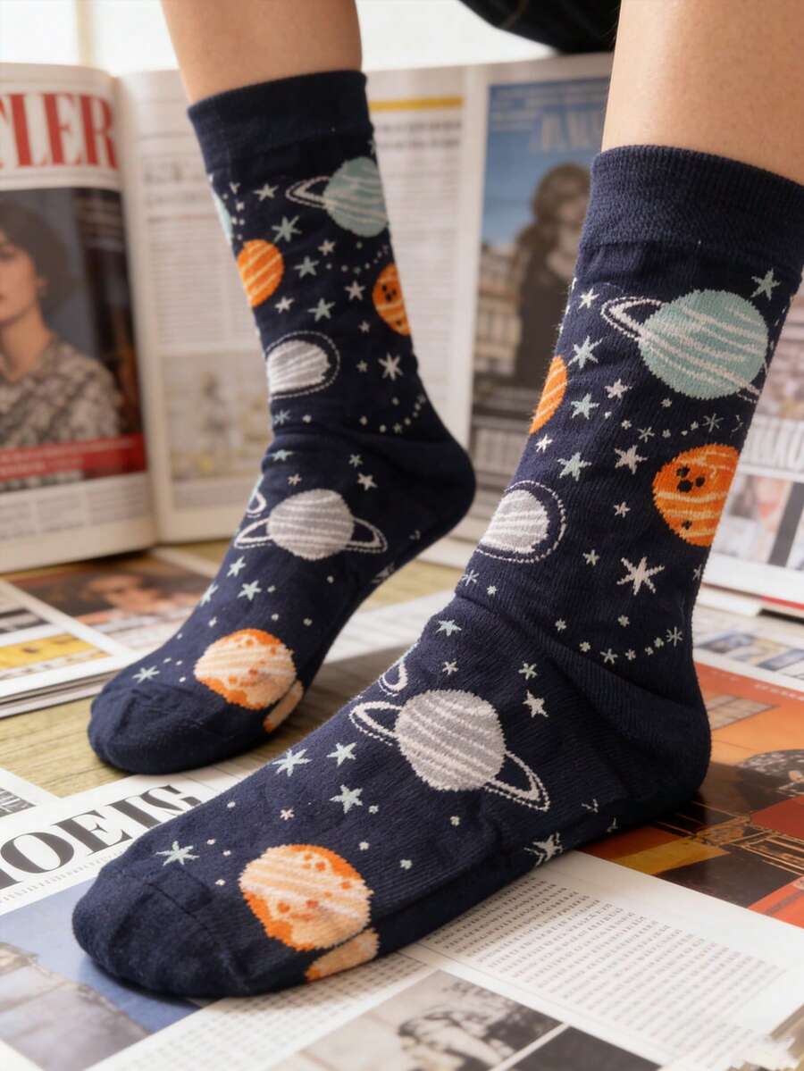 2双男士休闲太空主题百搭袜子 - 黑與白 - 查看 1