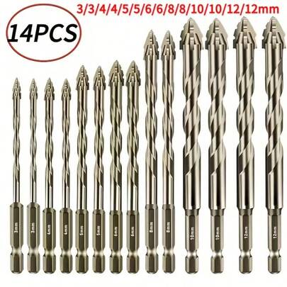 7pcs Hardened Drill Bit Set, Includes 3+4+5+6+8+10+12mm, Suitable For Concrete, Glass, Brick, Cement, Tile And Wood. With Anti-Slip Hexagonal Shank, Durable And Reusable, Various Specifications For Masonry