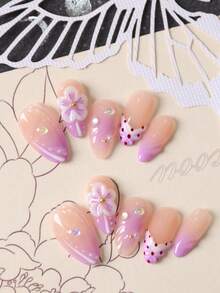 10pcs Press On Nails Almond Nails Purple White Flower Nails Press On Nail Supplies Fake Nails Short Office DailyWear False Nails Artificial Nails Kit Includes 1sheet Adhesive Tabs &1 Pc Mini File - Multicolor - View 2