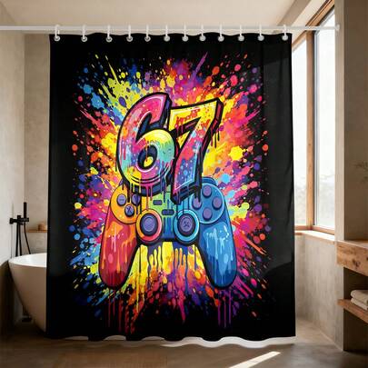 1pc Video Game Controller "Six Seven" Print Shower Curtain, Multi-Color Polyester Waterproof Bathroom Curtain, No Drilling Needed, Suitable For Bathroom Decor, Bathtub Divider, Dorm Room, Boys/Girls Room, Available In Large & Small Sizes, Romantic, Luxurious, Cozy Bathroom Accessory