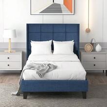 Upholstered Bed With Upholstered Headboard, Single Bed With Slatted Base, 90x200cm, In Blue Linen, Medium Firmness (With Spring Mattress) - Royal Blue - View 5