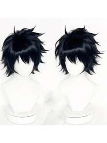 8inch Black Straight Wig, Suitable For Anime Cosplay, Everyday Wear, Unisex, Made Of Synthetic Fiber - Black - View 2