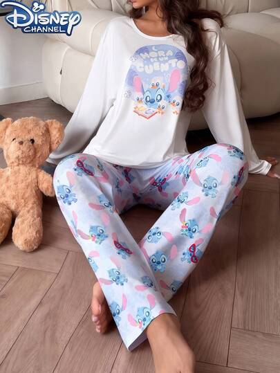 Disney 2pcs Women's Cute Cartoon Stitch Pattern Pajama Set, 1 Long Sleeve Allover Print Casual Crew Neck Top And Pants, Comfortable Loose Fit, Suitable For Spring, Summer And Autumn