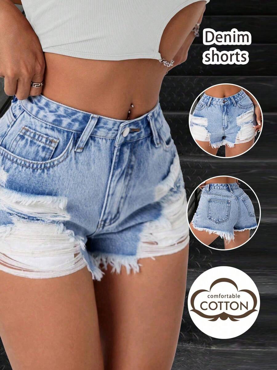Women's Summer Solid Color Super Short Jeans Shorts With Distressed Hem, Sexy Casual