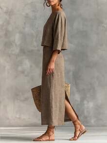 Women's Comfortable Breathable Elegant Linen-Like 2-Piece Set, Batwing Loose Top & Pleated Wrap Maxi Skirt, Suitable For Summer Vacation Spring - Coffee Brown - View 3