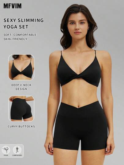  MFVIM Spring & Summer Sports Bra & Shorts Set, Women Casual Activewear Outerwear, Slim-Fit Crisscross Back Tight Yoga Suit, Breathable & Comfortable, Essential For Outdoor Running, Cycling, Yoga, Pilates, Gym Workout