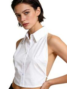 1/2 Pcs Women Backless Shirt Top Faux Blouse Insert Halter Neck Button Front Sleeveless Layered Dickey Collar Top Chic White Summer Fashion Outfit Piece Adjustable Backless Shirt Insert - Multicolor - View 10