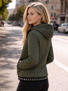 Women's Quilted Jacket, Decorated Cuffs, Lightweight & Warm, Zipper Closure, 2 Pockets, Loose Fit, Spring/Autumn - Army Green - View 2