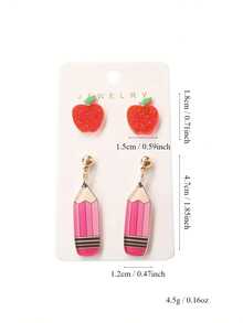 2pcs/Set Back To School & Teacher's Day Acrylic Pencil & Apple Earrings, Cute & Unique Personalized Earring Set - School Season - View 5
