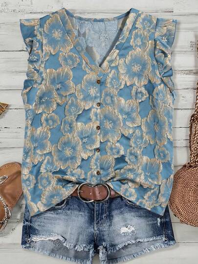 Plus Size Women's V-Neck Flare Sleeve Contrast Button Decor Jacquard Textured Blouse, Suitable For Daily And Vacation Wear, Spring/Summer