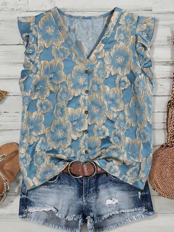 Plus Size Women's V-Neck Flare Sleeve Contrast Button Decor Jacquard Textured Blouse, Suitable For Daily And Vacation Wear, Spring/Summer