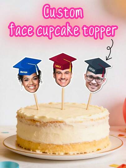 1-150 piezas de decoraciones personalizadas para cupcakes con sombreros - Decoración de pastel personalizada con foto para 1er cumpleaños, graduación clase de 2026, cara graciosa del novio para boda, cumpleaños de mascota, jubilación y fiesta festiva - Alta definición y resistente