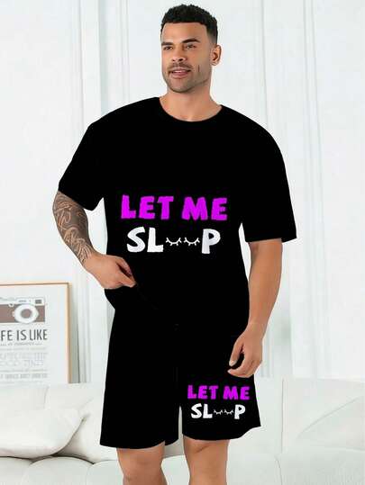 Plus Size Men's Sleepwear Set | Round Neck Short Sleeve Top And Elastic Waist Casual Shorts 2 Piece Set | Polyester Knit Fabric Soft And Breathable Loose Fit | "Let Me Sleep" Graphic Print Casual Design