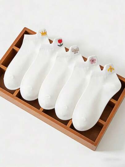 5 Pairs Women's Short Socks, Cartoon Flower Tulip Bee Design, Suitable For All Seasons, Random Colors