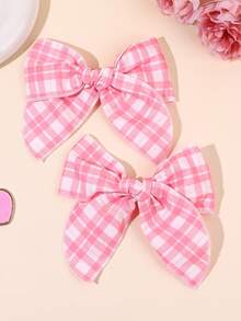2 piezas Pinzas para el cabello con moño de tela a cuadros rosa y blanco, Barrettes de moño dulces y lindos, Accesorios para el cabello de estilo académico para boda, fiesta y uso casual - Multicolor - Ver 5