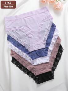 Set de 5 bragas de cintura alta de unicolor con parches de encaje para mujeres - Multicolor - Ver 2
