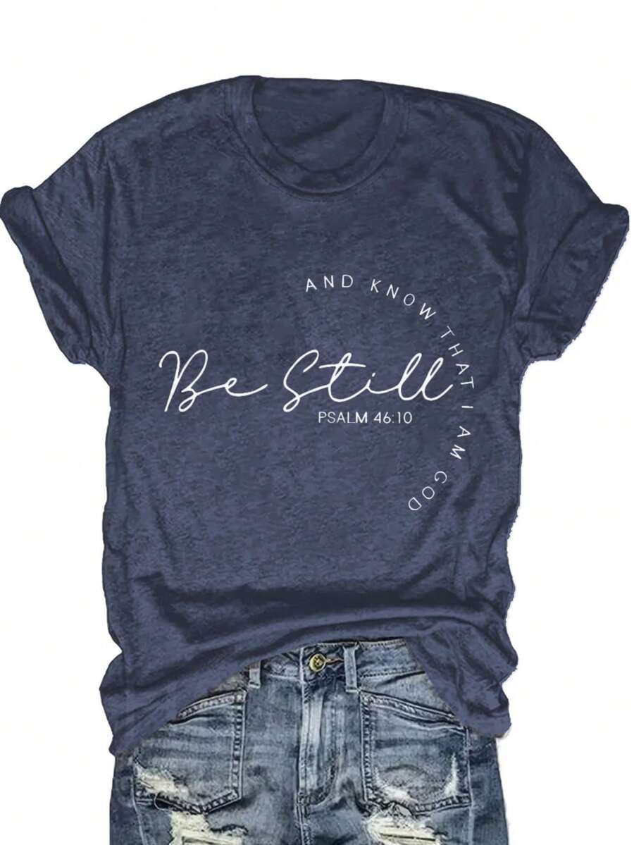Women's Navy Blue Christian T-Shirt With Psalm 46:10 Bible Verse - Soft Blend Short Sleeve Round Neck Top, Elegant Font Bible Verse Tee For Church, Prayer & Casual Attire - Machine Washable Faith Apparel, Spiritual Gift For All-Season - Xanh hải quân - Xem 1