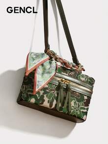 Women 2025 New Summer High-End Silk Scarf Chain Camouflage Chic Mini Square Box Bag Small Versatile Lightweight Stylish Messenger Crossbody Handbag | Travel, Vacation, Shopping, Date, Commute, Gift For Women, Mothers, Teachers, Friends, Bridesmaids - 橄欖綠 - 查看 3