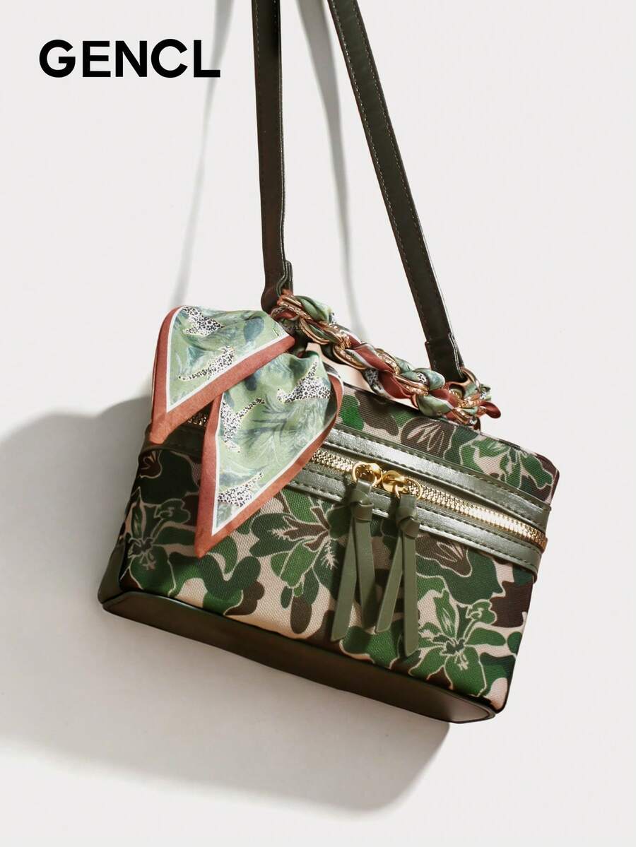 High-End Chic Retro Mini Cube Handbag, Soft Suede Crossbody Bag With Decor Silk Scarf Tassel, Stylish Chain Shoulder Bag For Women Summer Outfit - 橄欖綠 - 查看 1