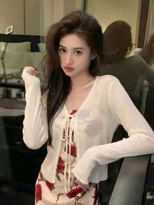 轻薄休闲开衫毛衣，甜美风格，长袖外套，女士春夏款 - 杏色 - 查看 6