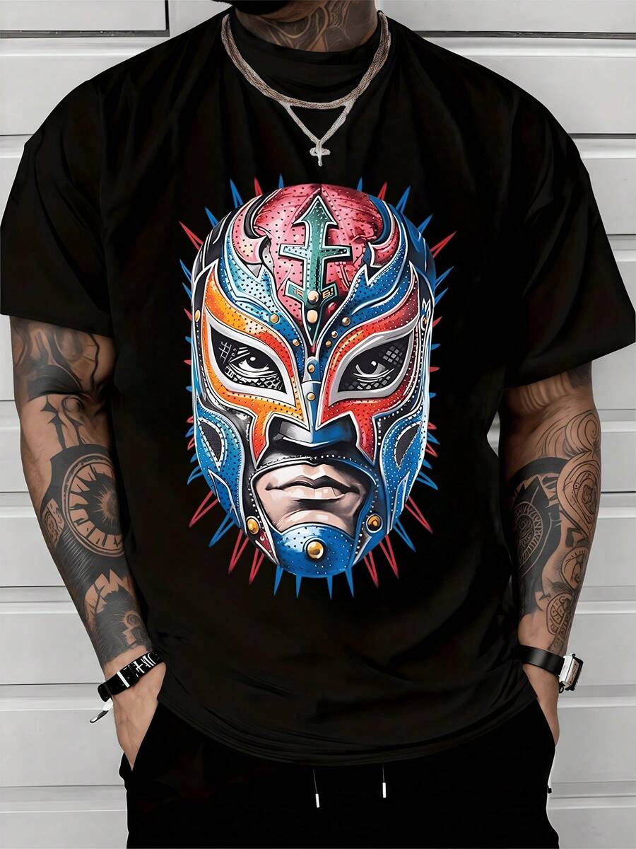 Máscara colorida de luchador llena de energía y fuerza que representa el espíritu valiente y la pasión por la lucha con detalles brillantes en azul rojo y naranja simbolizando coraje libertad y determinación camiseta de hombre de algodón cómoda casual adecuada para uso diario - Negro - Ver 1