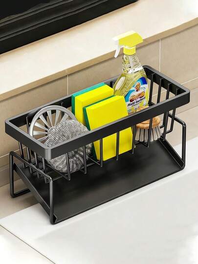 Space-Saving Black Plastic Kitchen Sink Organizer - Heavy-Duty Faucet Top Rack With Dish Drain Basket, Dishwasher-Like Design, Durable Countertop Organizer, Dish Rack (No Installation Required).