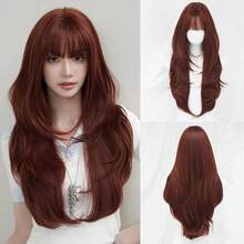 NAMM 26英寸红棕色长直假发，高品质150%密度，时尚假发，适合女性日常派对佩戴，耐热合成假发，全机编织，精美造型假发，适合女孩日常佩戴、万圣节、音乐节派对、街头服饰、动漫角色扮演或服装搭配（自然层次纹理，轻盈舒适）。 - 紅木色 - 查看 12