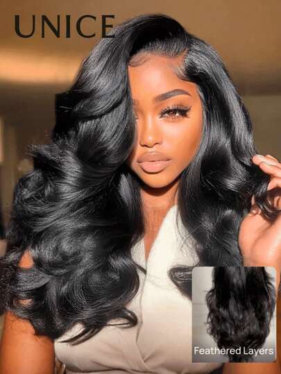  100%真人发假发，告别滑落，羽毛层次左侧分缝，200%密度，BOB型假发，配有牢固的硅胶条和抽绳，预先厚实的层次，预先修剪，预先漂白，预先拔毛，自然黑色，7x5蕾丝前额，告别打结，适合所有头围，透明蕾丝可染色，Unice Hair