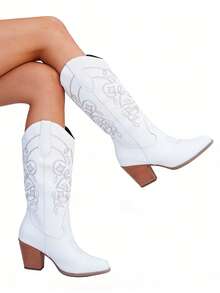 Cowboy Boots For Women, Brown Western Style Fashion Pointed Toe Embroidered Chunky Heel Slip-On Boots, Autumn/Winter - White - View 9