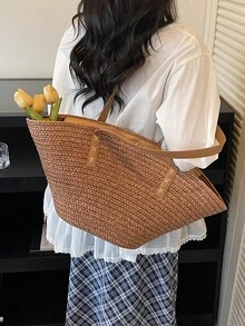 Dedoo Travel Messenger Bag Woven Straw Bag Travel Bag New Fashion Beach Bag Niche Summer Shoulder Bag - Brown - View 4