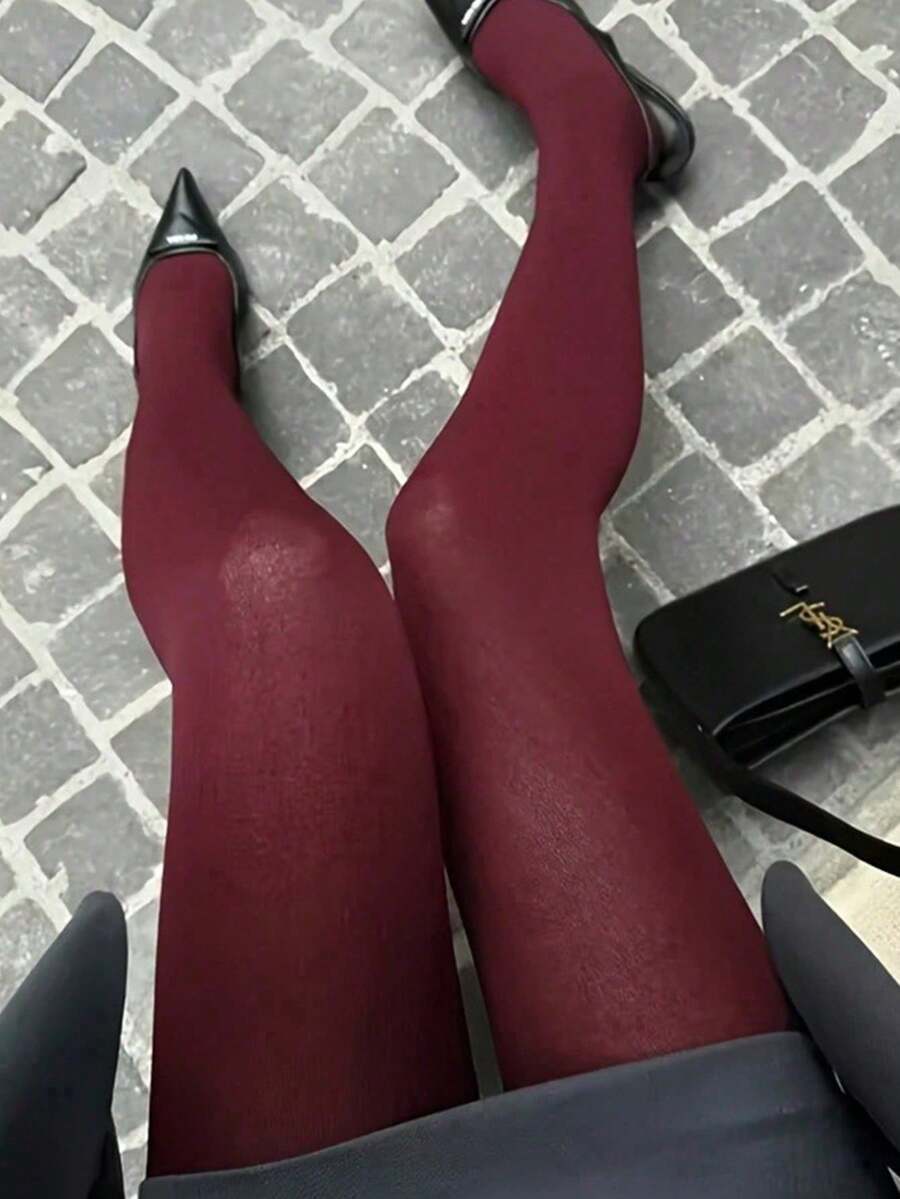 1 par de medias de mujer de cintura alta de terciopelo semitraslúcido con alta elasticidad, leggings de unicolor retro para uso casual diario, otoño/invierno - Rojo - Ver 1
