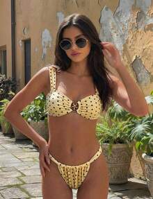 Yellow Women's Sexy Polka Dot Wide Shoulder Strap Two Pieces Split Bikini Set, Bohemian Elegant Black Polka Dot Starfish Metal Ring Decorative Strap Swimsuit, Suitable For Spring And Summer Beach Vacations, Pool Parties, Graduation, Birthdays, And Dance Fashionable Swimsuit - Multicolor - View 1