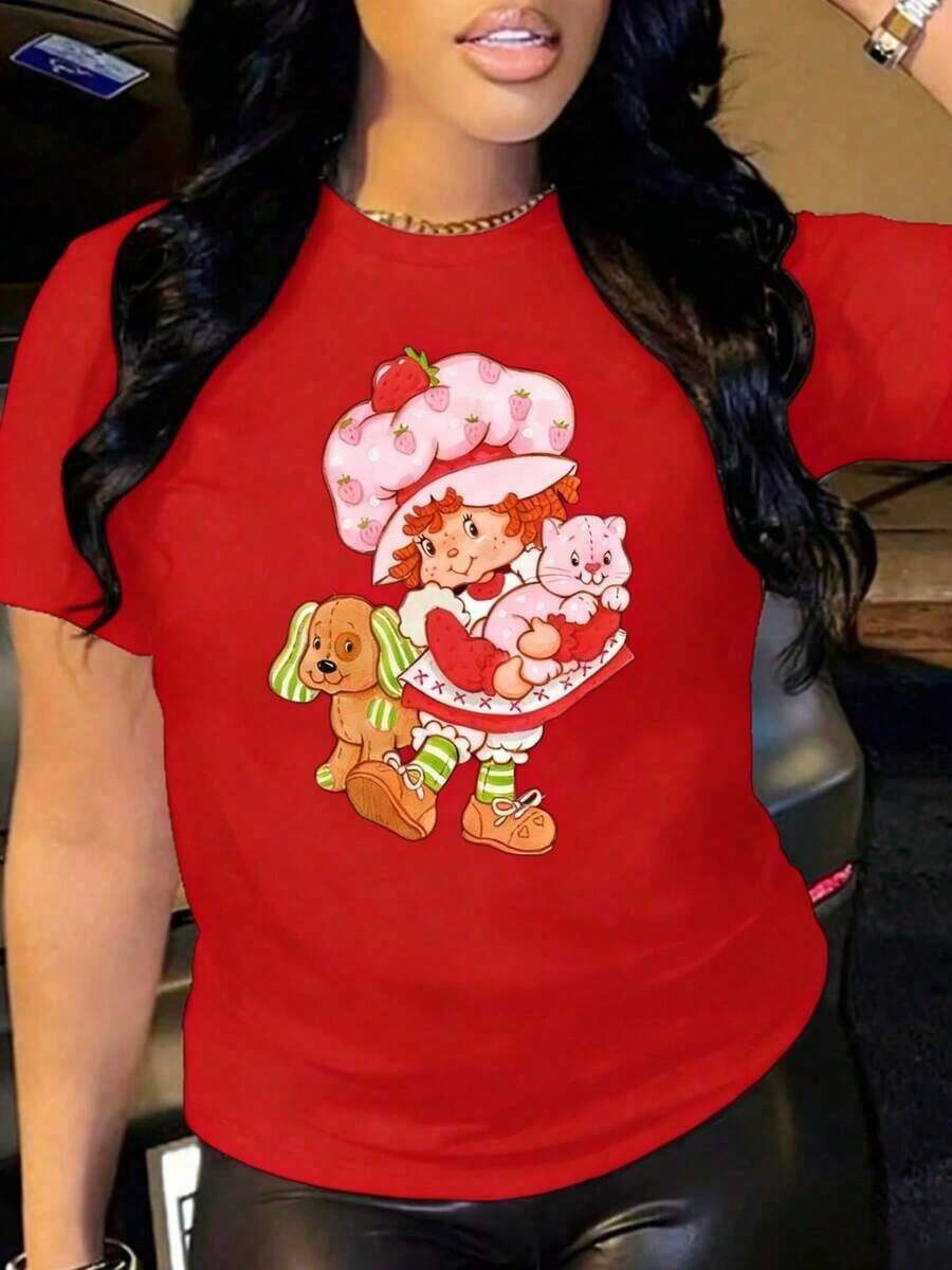 Strawberrys Shortcakes Vintage Print Round Neck Short Sleeve T-Shirt, 220g 100% Cotton, Summer Women's Tops, Cute Fruit Design, Retro Cartoon, Unisex Style, Free Shipping - 紅色 - 查看 1