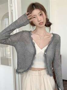 女士蓝色蕾丝边V领罩衫，可爱返校夏季轻薄披肩外套 - 深灰色 - 查看 2