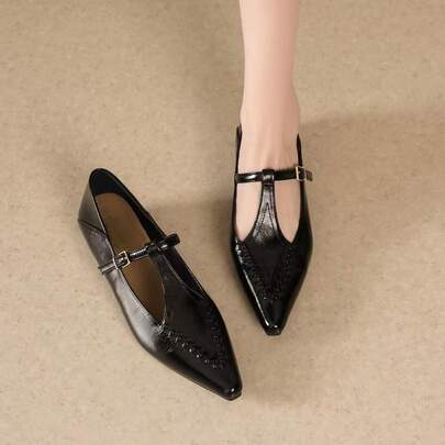 Zapatos de moda para mujer, zapatos de tacón alto negro con correa con hebilla, zapatos de ballet de punta cuadrada, tacón grueso de tacón medio con slip-on, zapatos casuales de trabajo de unicolor retro francés con trenza y tira en T