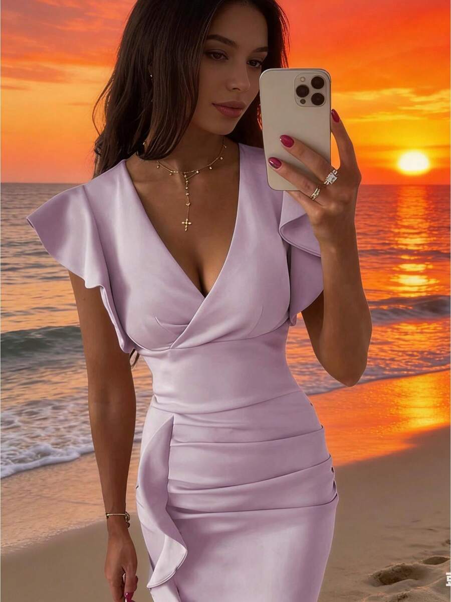 Women's Ruffle Trim Bodycon Midi Dress V Neck Flutter Sleeve Ruched Side Party Dress For Wedding Guest - Dusty Purple - View 1